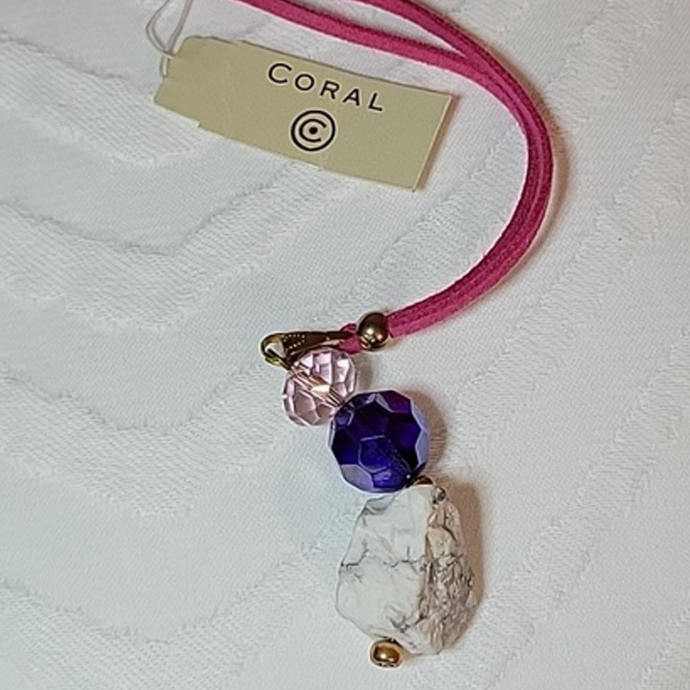 NECKLACE Pink Suede Adjustable CORAL Brand PINK white & blue violet  stones